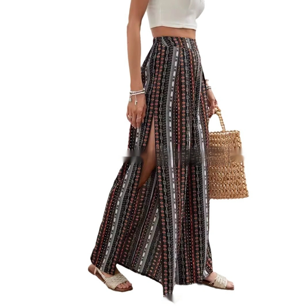 Fashionable Geometric Print Wide-Leg Cutout Pants