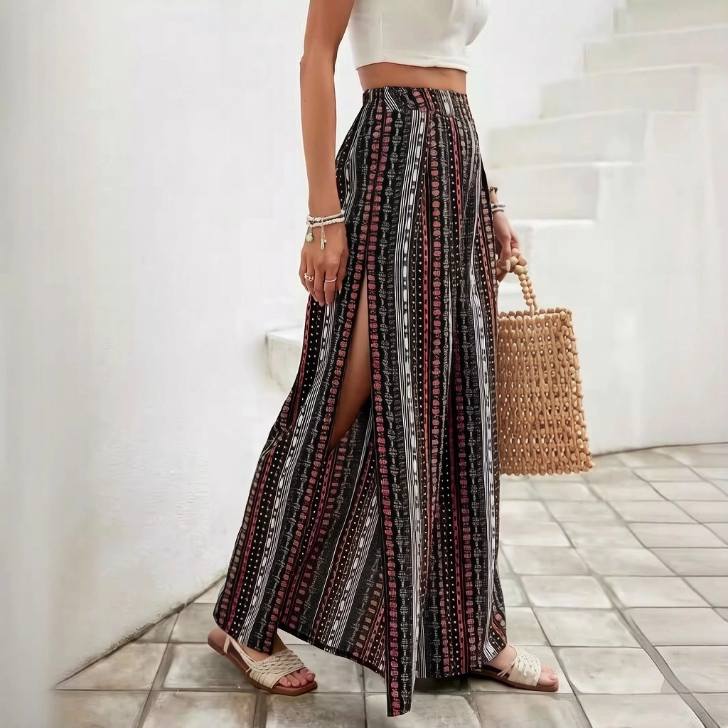 Fashionable Geometric Print Wide-Leg Cutout Pants