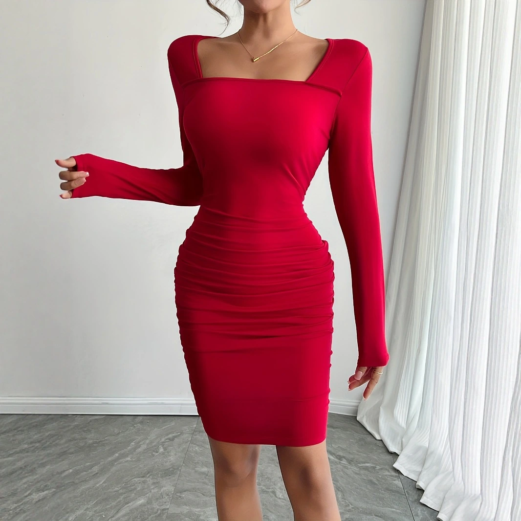 Spring Autumn Red Square Neckline Slim Fit Sheath Dress