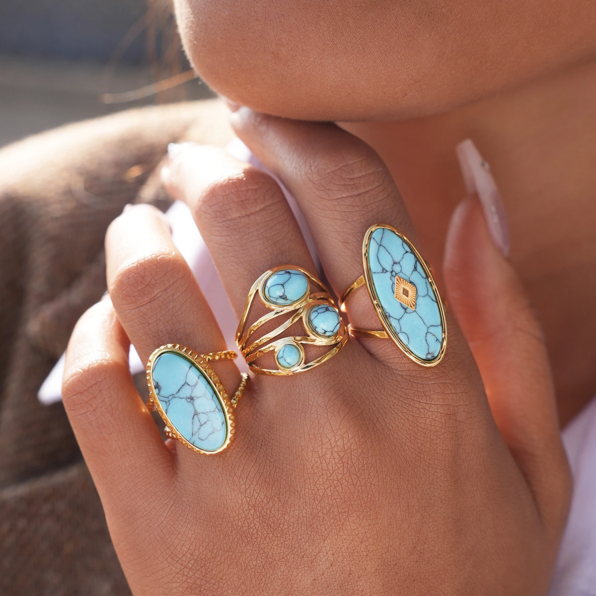 Stainless Steel Vintage Natural Stone Turquoise Ring