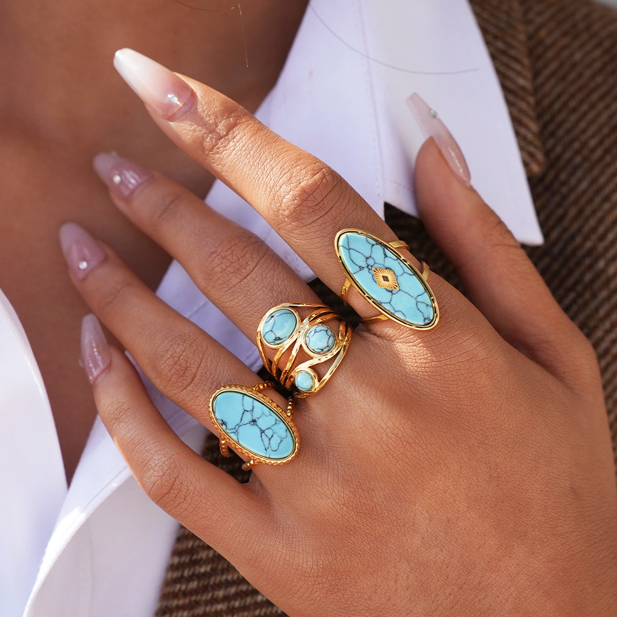 Stainless Steel Vintage Natural Stone Turquoise Ring