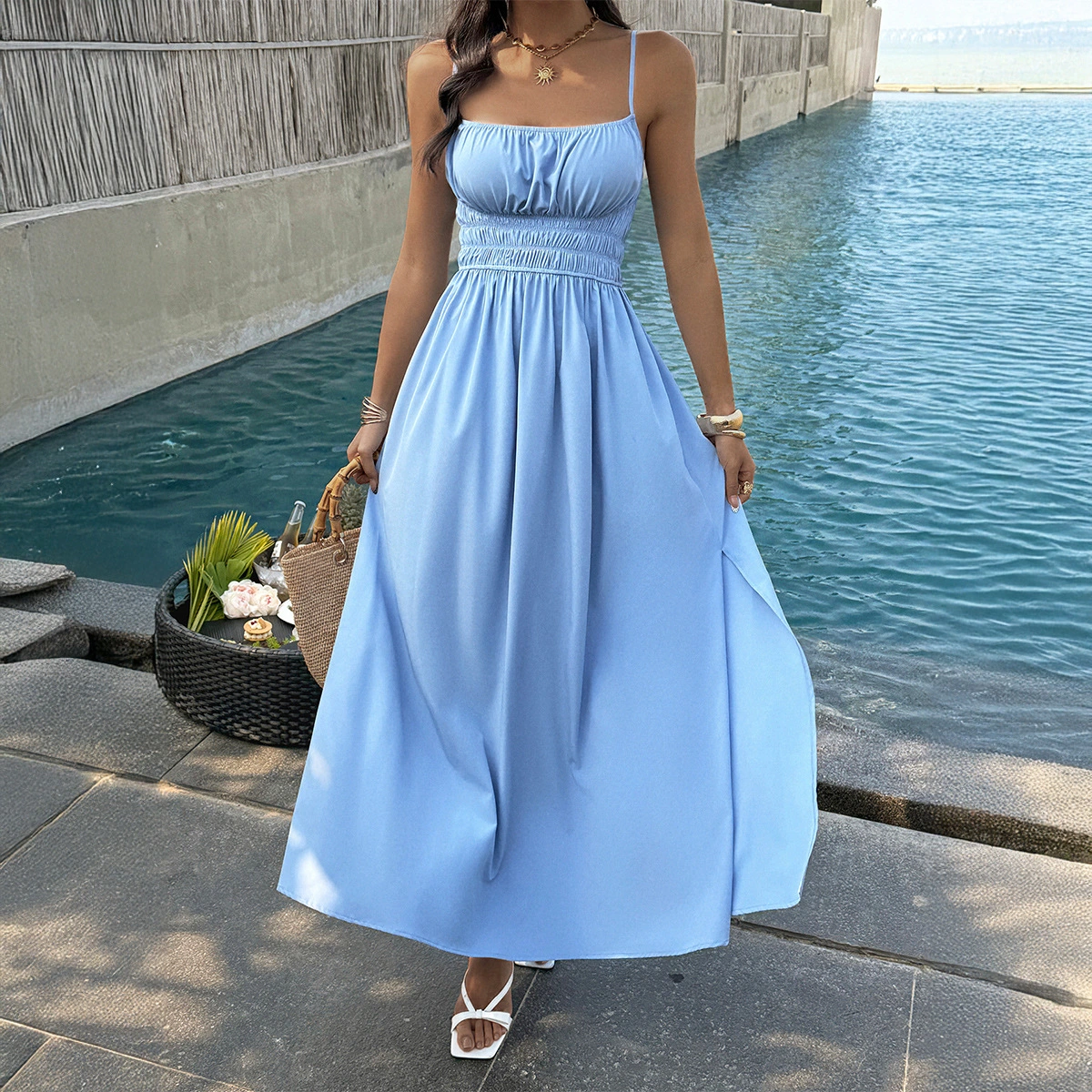Resort-style Solid-color Strap Long Waist-Cinching Dress For Women