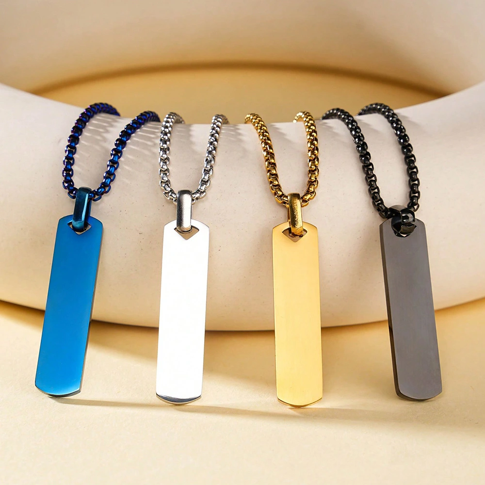 Stainless Steel Polished 3D Bar Mens Simple Stylish Titanium Steel Necklace