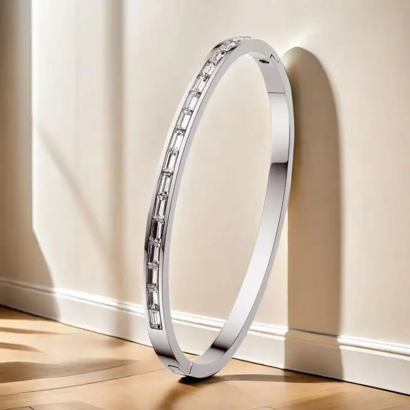 Simple Long Strip-Inlaid Zircon Stainless Steel Round Open Cuff Bracelet