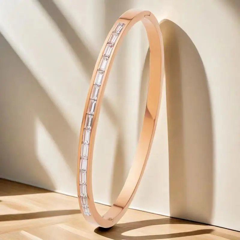 Simple Long Strip-Inlaid Zircon Stainless Steel Round Open Cuff Bracelet