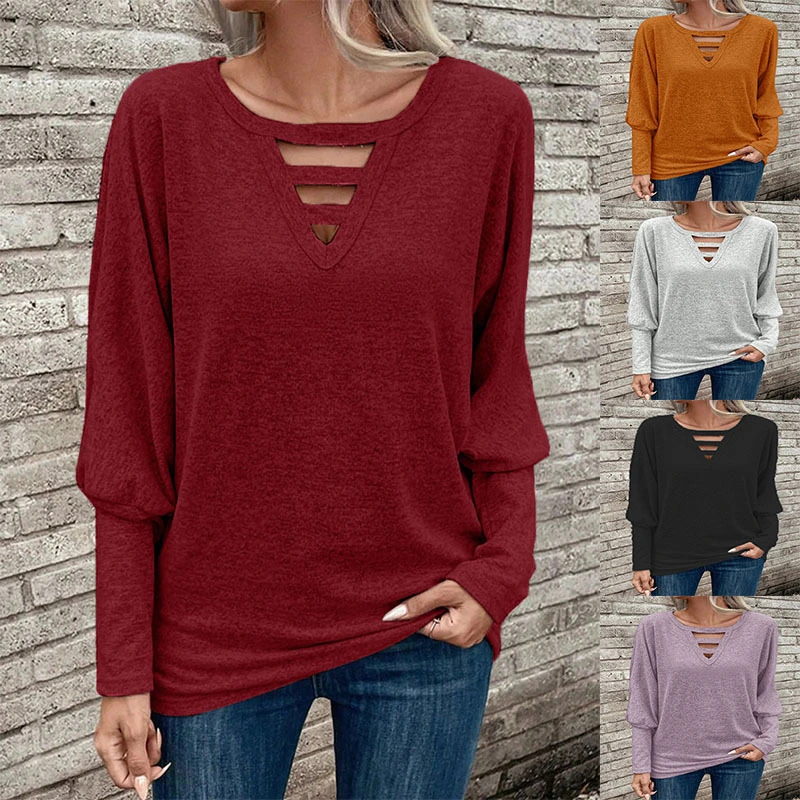 Women's Hollow-out V-Neck Solid Color Casual Top