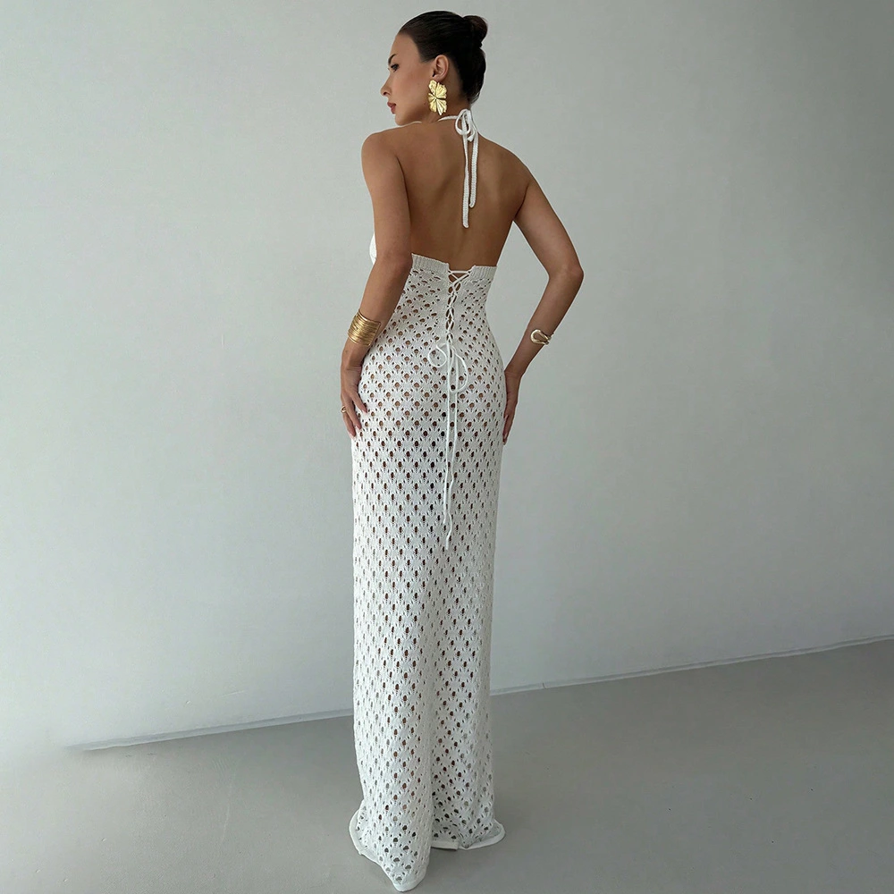 Neck-strap Lace-up Hollow-out Dress For Women