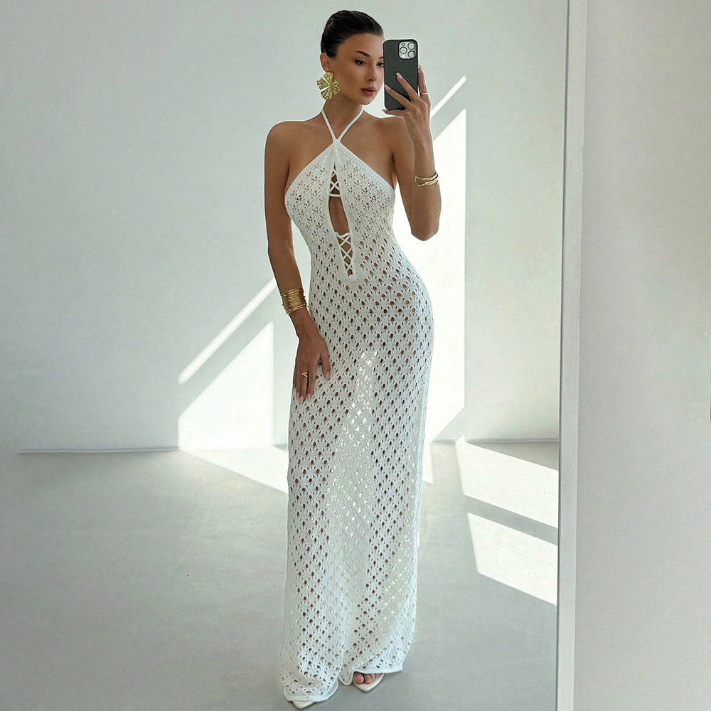 Neck-strap Lace-up Hollow-out Dress For Women