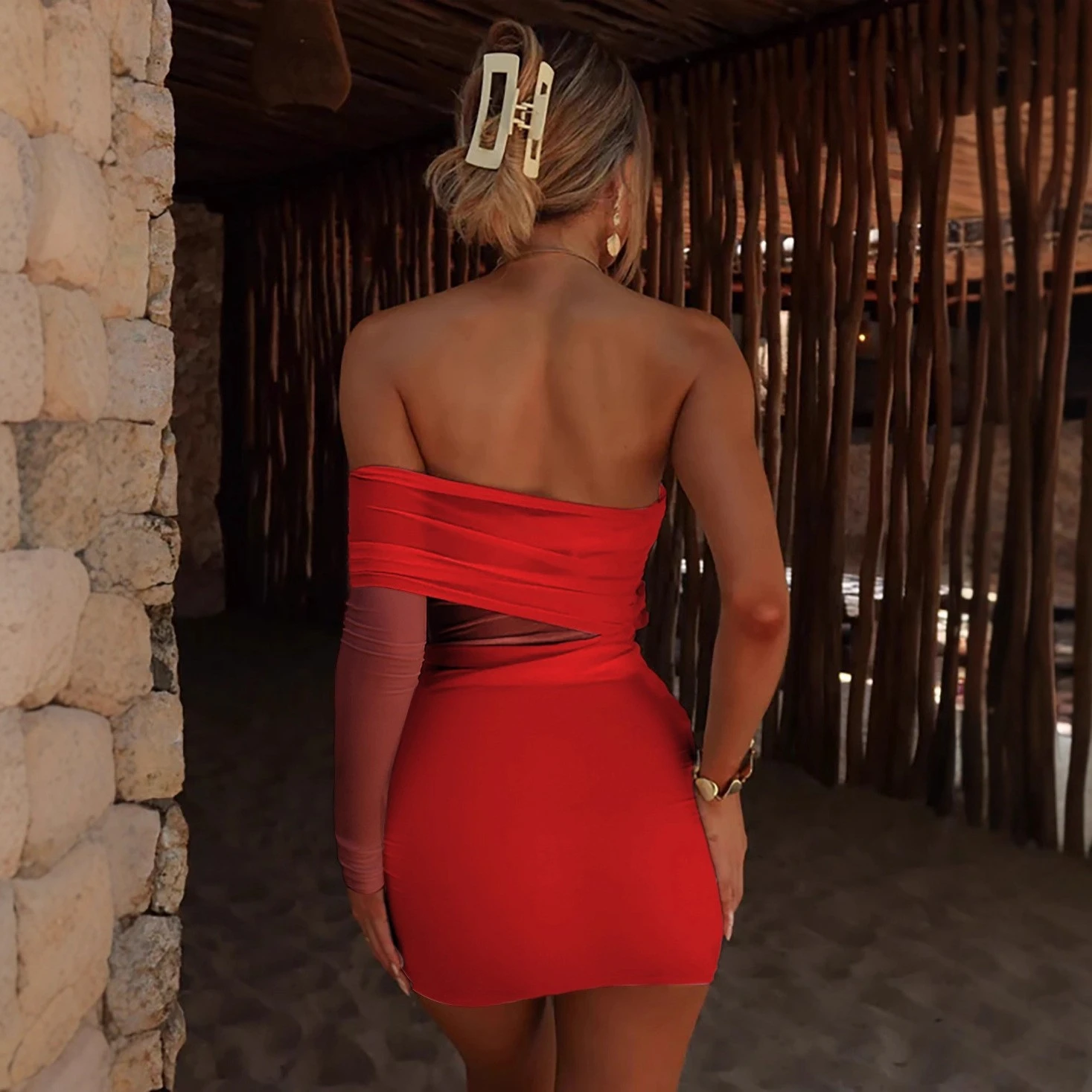 Tube-top-style Hollow-out One-shoulder Mini Dress