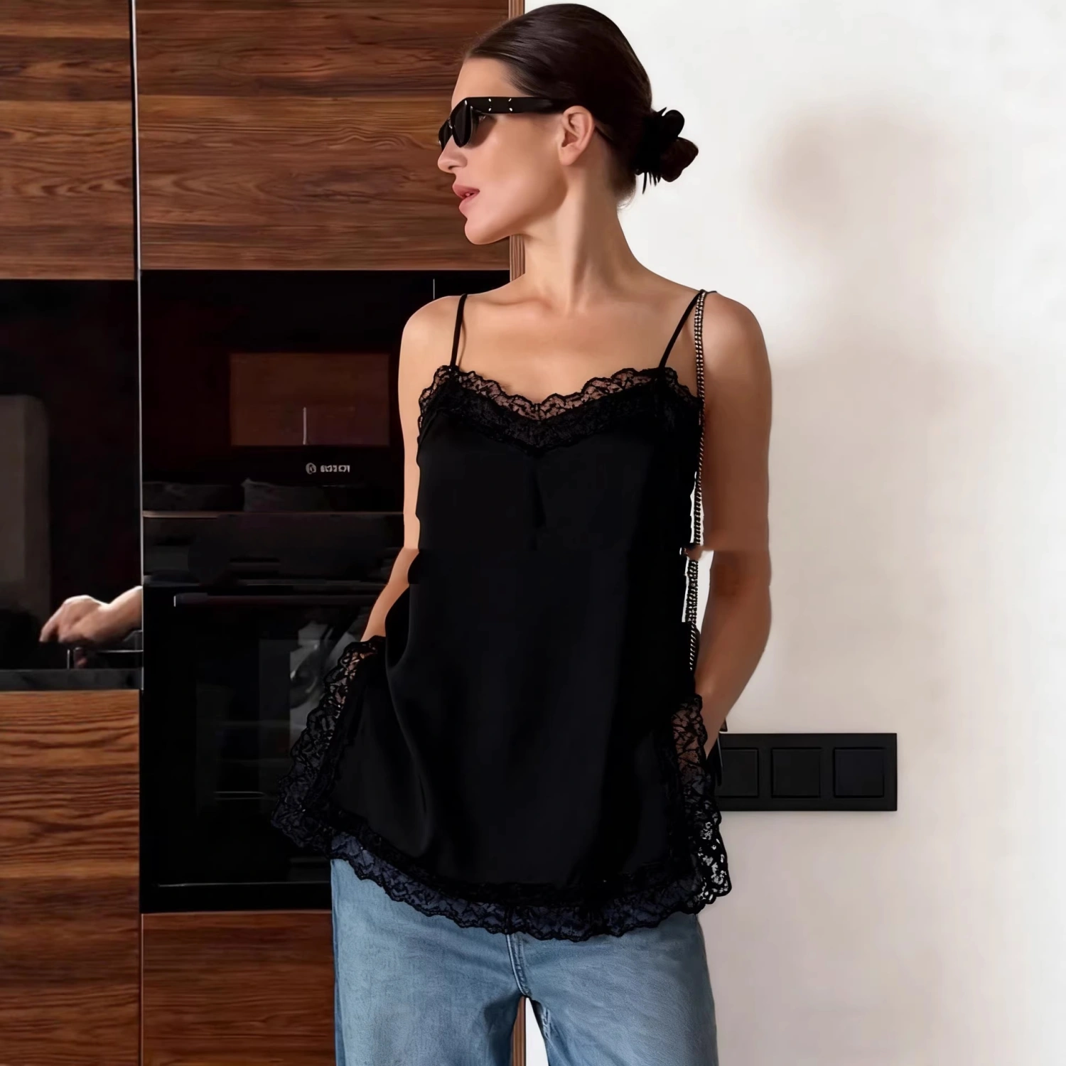 Satin Slip Dress With Lace Trim European And American-Style Designer Fashion Top