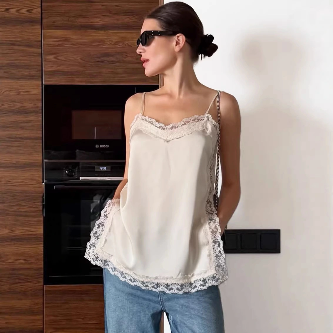 Satin Slip Dress With Lace Trim European And American-Style Designer Fashion Top