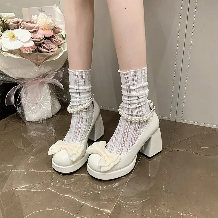 2026 Spring Sweet Bow & Pearl Mary Jane Heels For Women-Cute Platform Block Heel Pumps For Dressy Outings