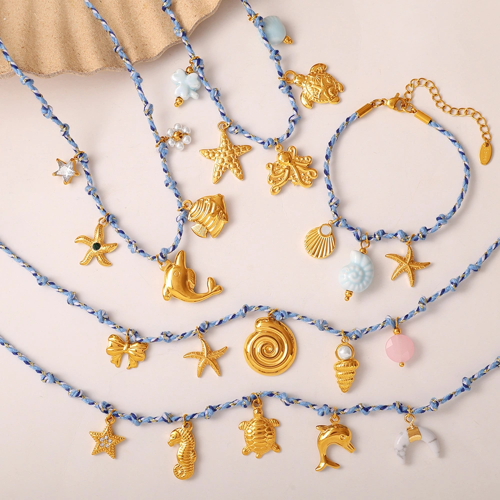 Blue Rope Braided Ocean-themed Pendant Set, Featuring Starfish, Dolphins, And Sea Turtles, Multi-dangling Necklace And Bracelet.