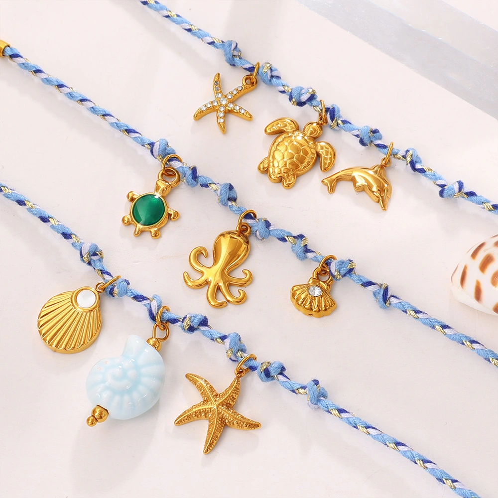 Blue Rope Braided Ocean-themed Pendant Set, Featuring Starfish, Dolphins, And Sea Turtles, Multi-dangling Necklace And Bracelet.
