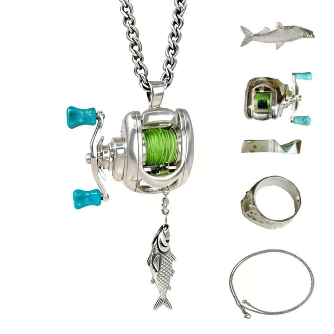 Luxury Fishing Reel Necklace Rotatable Detachable Fishing Reel Ring Exquisite Silver Men Neck Pendant Versatile Jewelry