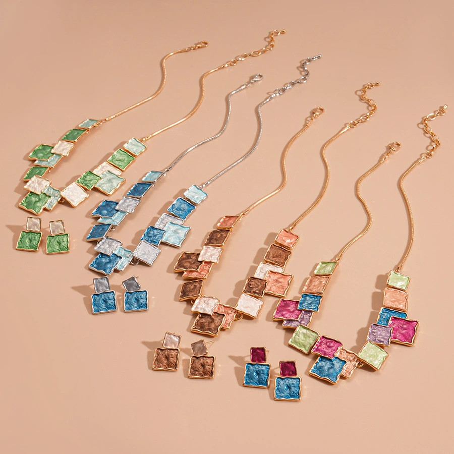 European And American Style Geometric Square Earring And Necklace Set For Women