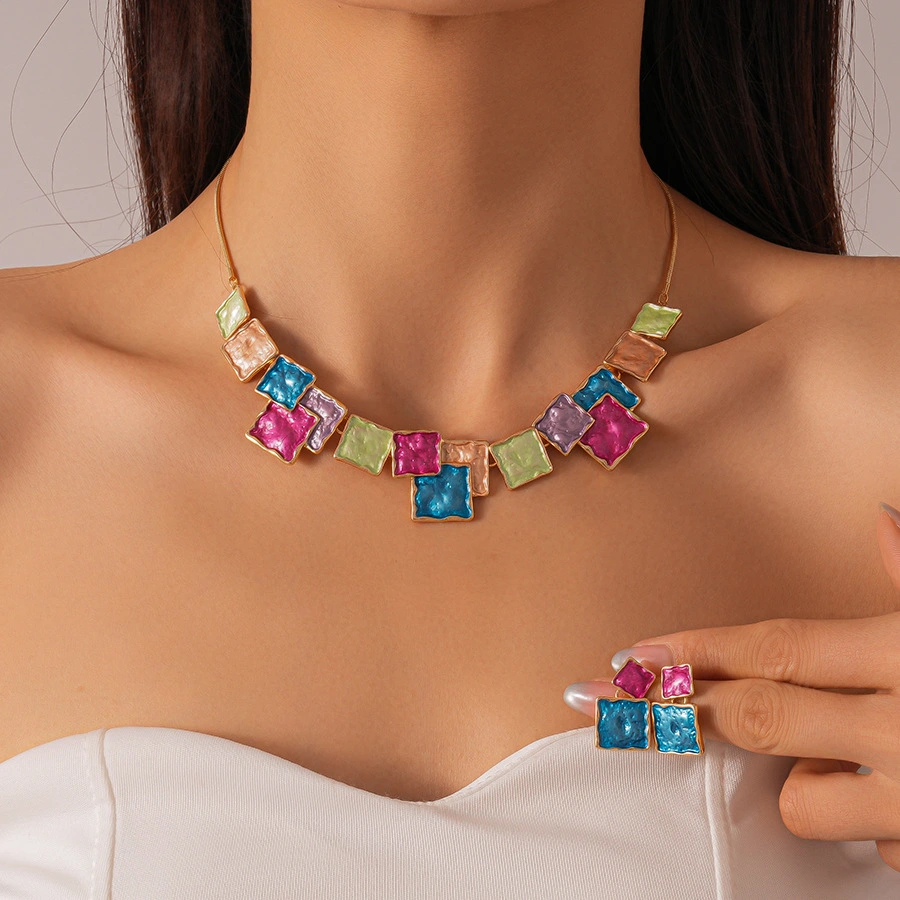 European And American Style Geometric Square Earring And Necklace Set For Women