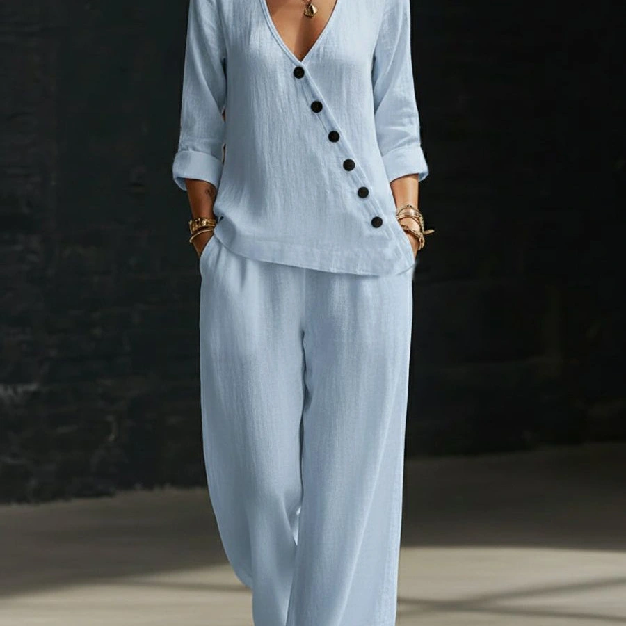 Loose-fitting V-neck Cross-over Shirt And Wide-leg Pants