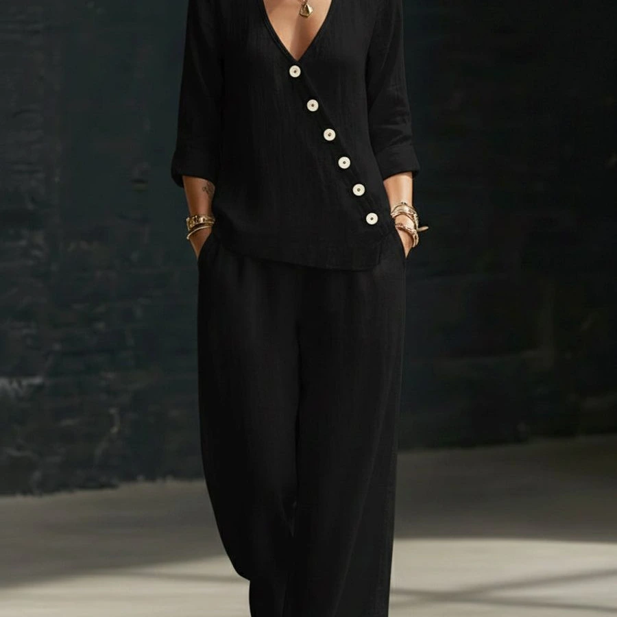 Loose-fitting V-neck Cross-over Shirt And Wide-leg Pants