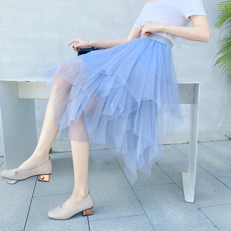 Women's Solid-Color Versatile Asymmetrical Mesh Skirt