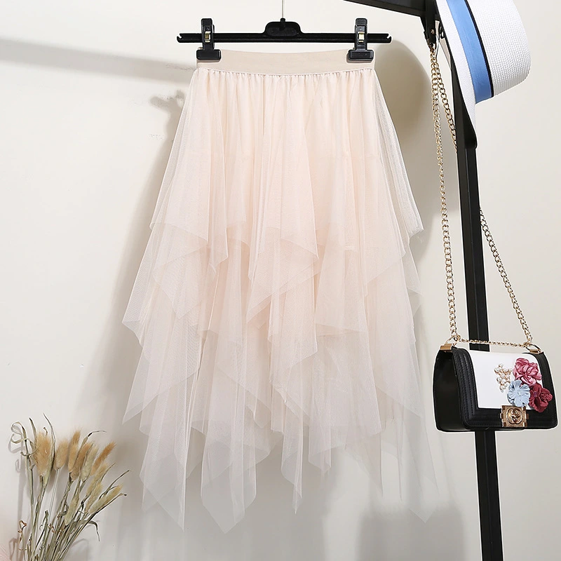 Women's Solid-Color Versatile Asymmetrical Mesh Skirt