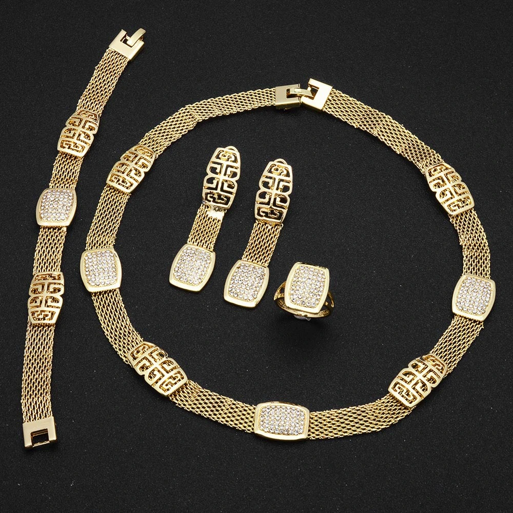 Traditional Mesh Chain Square Diamond-Encrusted Jewelry Set