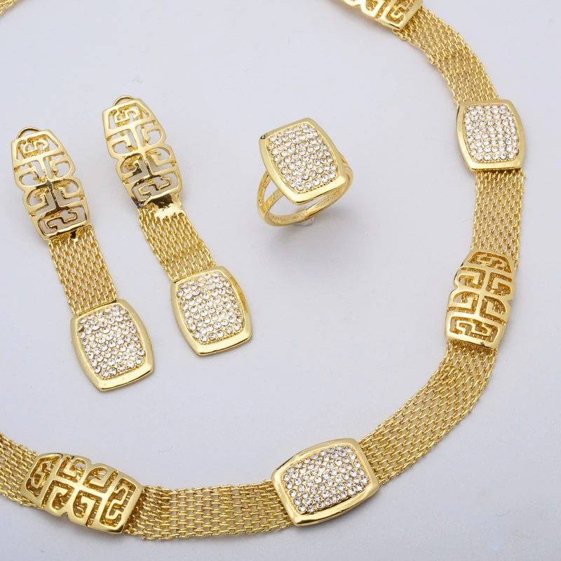 Traditional Mesh Chain Square Diamond-Encrusted Jewelry Set