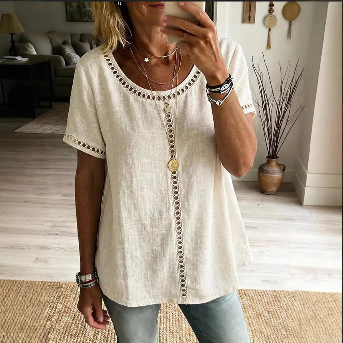 Women's Spring Summer Comfortable Casual Patchwork Hollowed-Out Trim Top T-Shirt