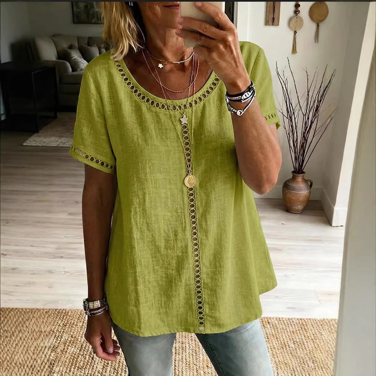 Women's Spring Summer Comfortable Casual Patchwork Hollowed-Out Trim Top T-Shirt