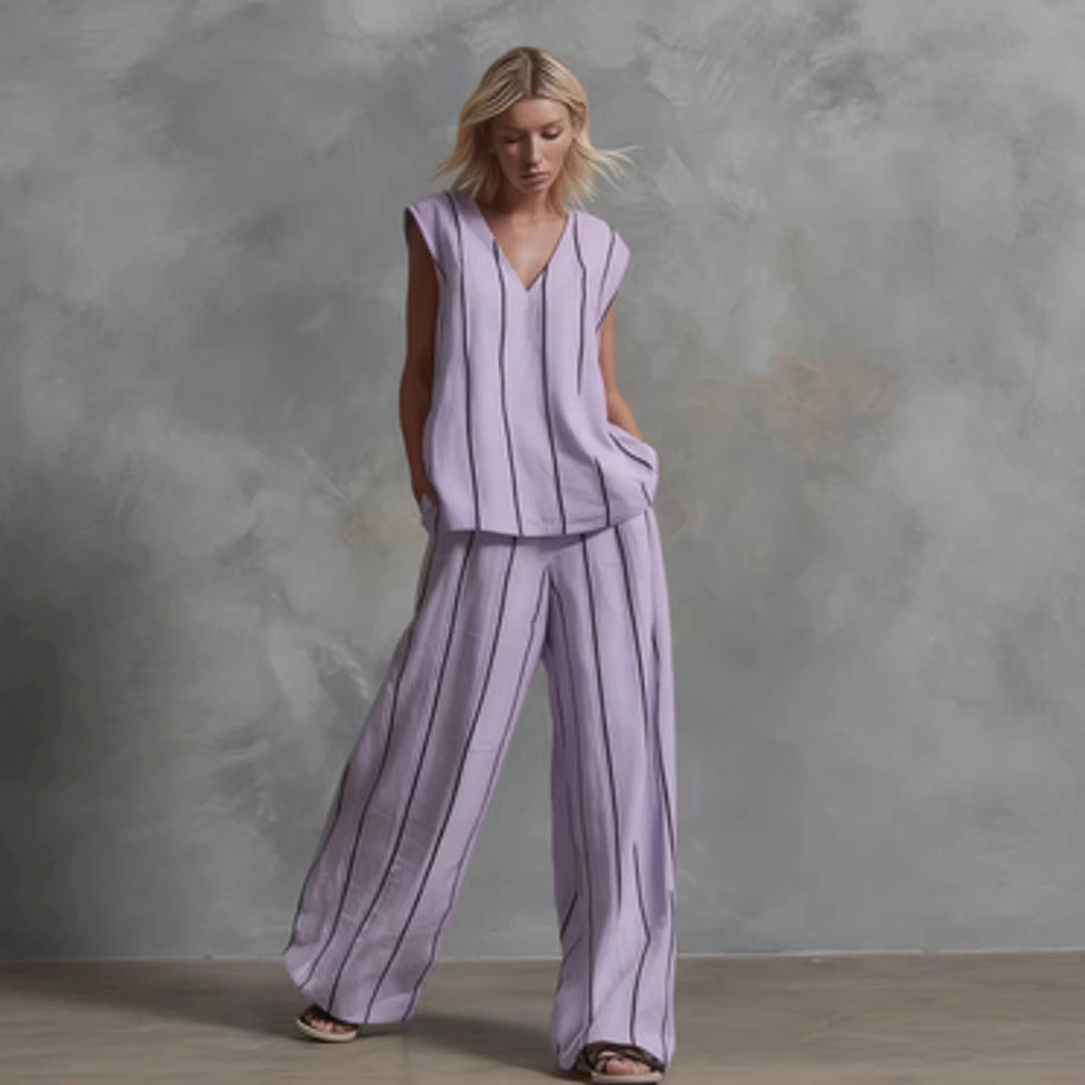 French Minimalist Black And White Vertical Stripe Loose Cotton-Linen Womens Set