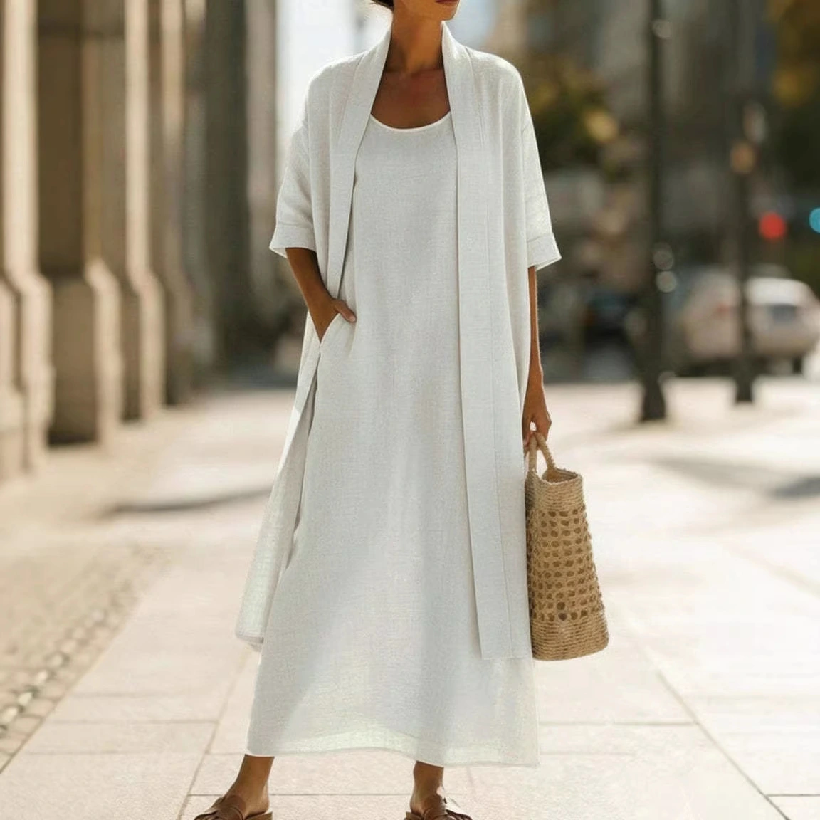 Womens Simple, Loose, Comfortable, Fashionable Cotton-Linen Two-Piece Dress Set