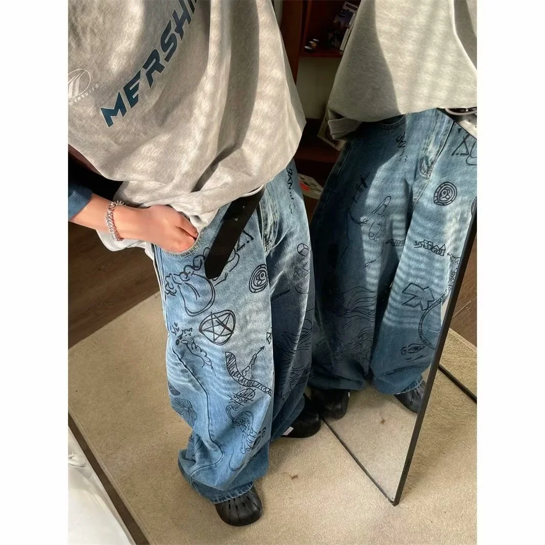 American-style Street Graffiti Wide-leg Jeans For Men