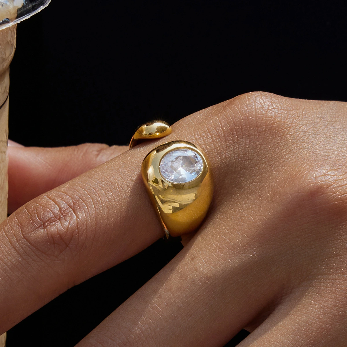 18K Gold Stainless Steel Ring With White Diamonds Open Design