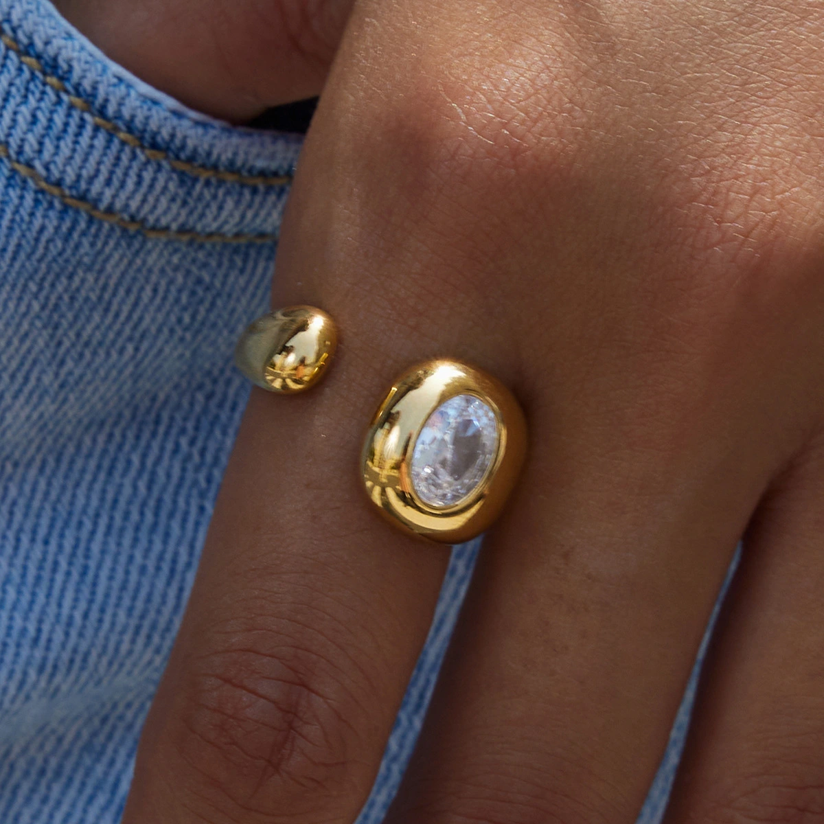 18K Gold Stainless Steel Ring With White Diamonds Open Design