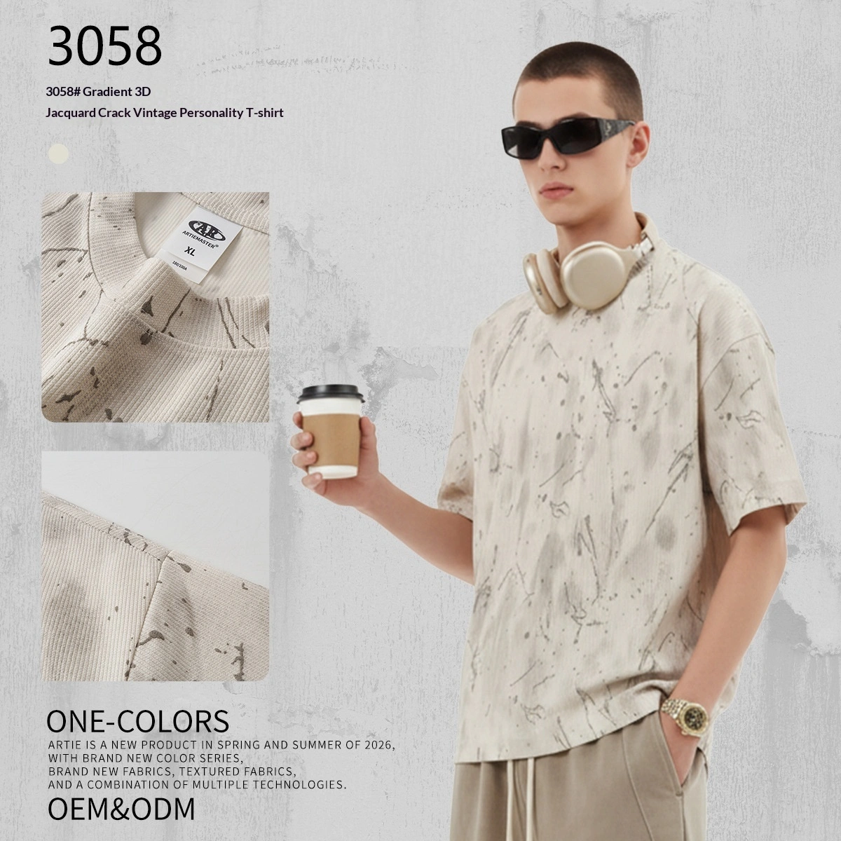 Ombre 3D Jacquard Crackle Distressed Trendy Brand All-Match T-Shirt