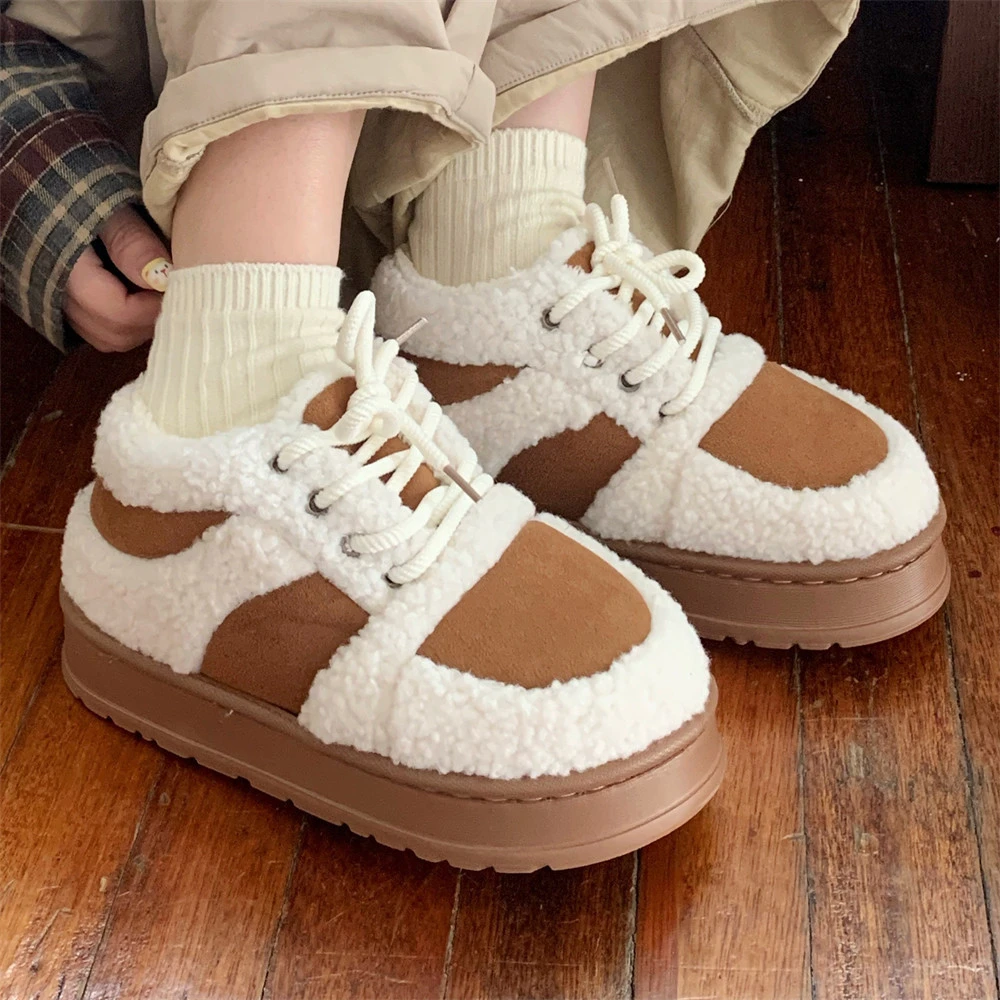 Korean-style Color-Block Lambswool Casual Sneakers AutumnWinter Cotton Boots