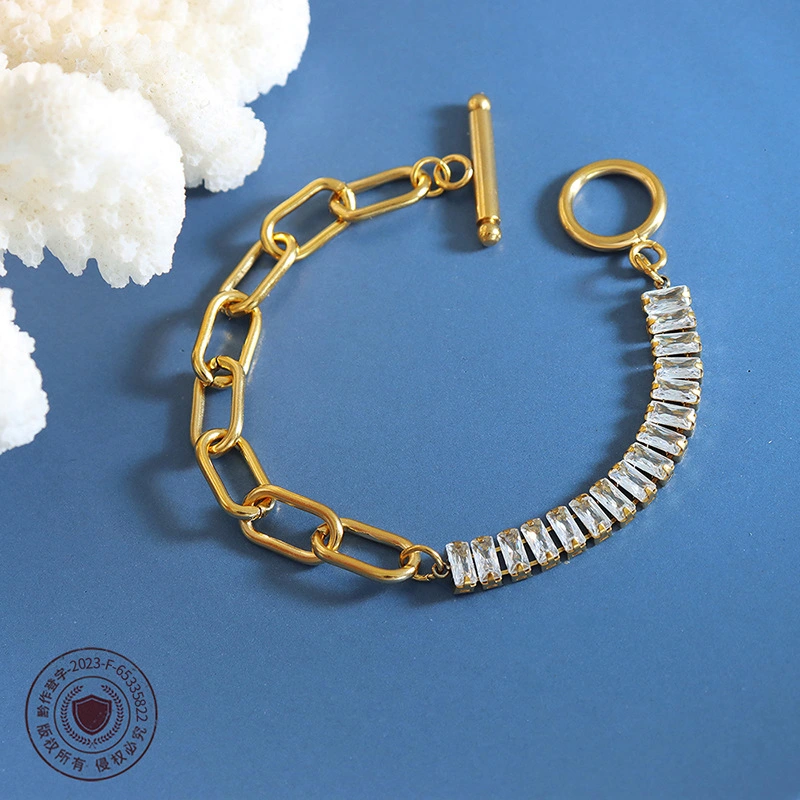 European And American-style Jewelry Colorfast, Sparkling Zircon OT-clasp Chunky Chain Bracelet