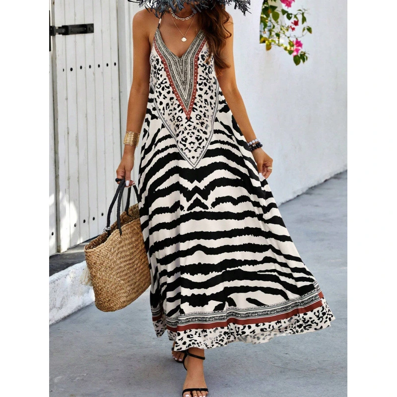 Animal Print Backless Halter European And American Style Dress
