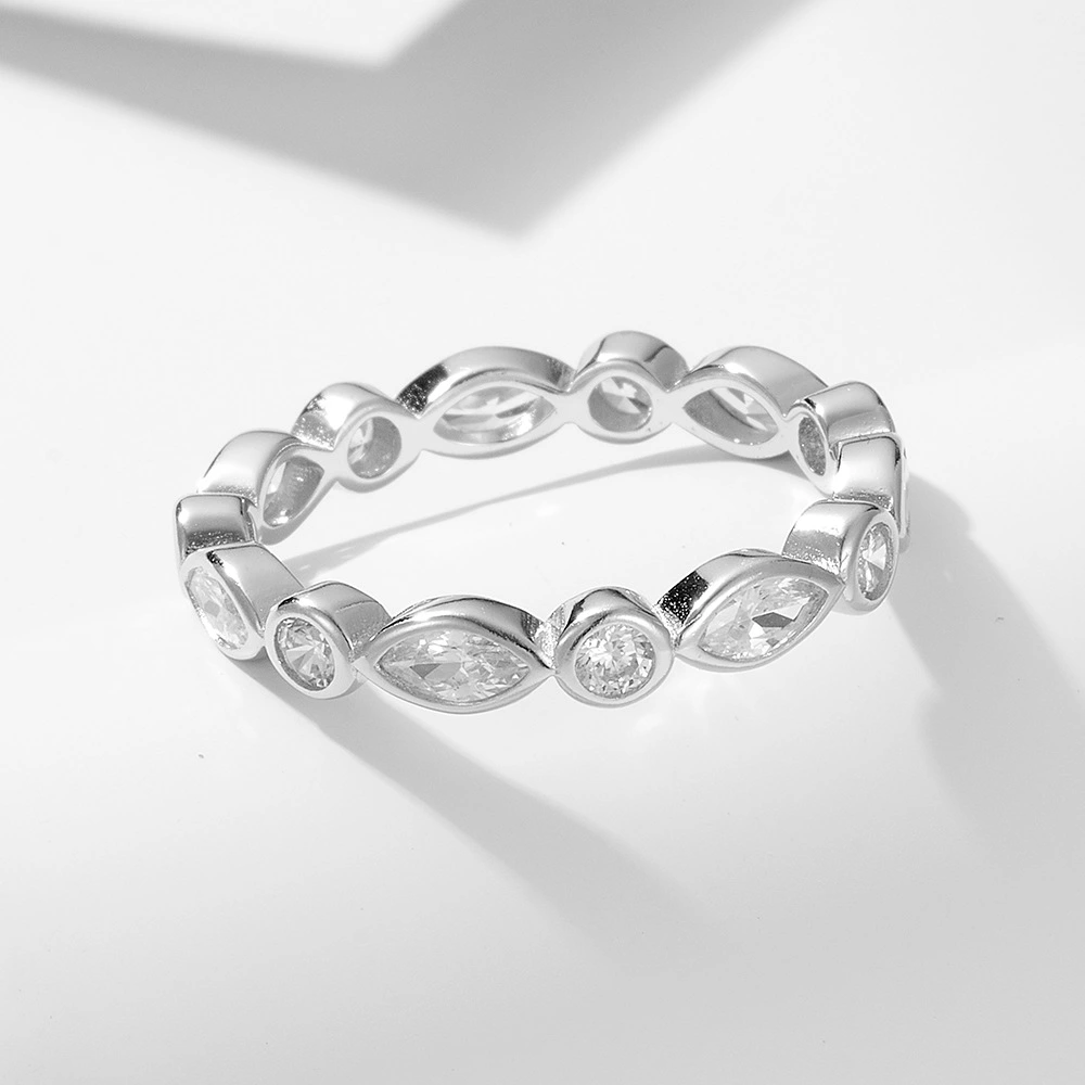 925 Sterling Silver Geometric Round Marquise-Cut Zircon Ring
