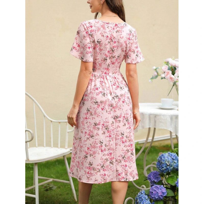 Printed V-neck Ruffled Tied European And American Style Dress