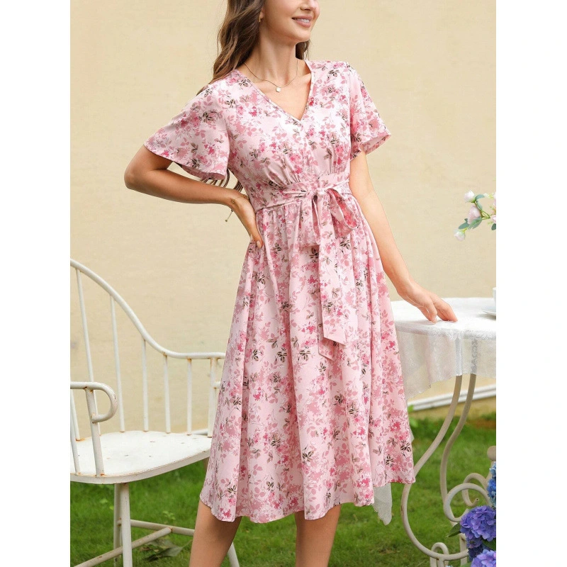 Printed V-neck Ruffled Tied European And American Style Dress