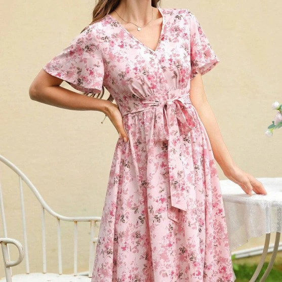 Printed V-neck Ruffled Tied European And American Style Dress