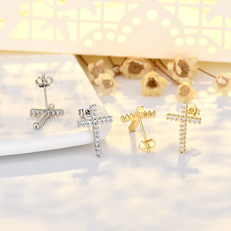 Halo Stone Heart-Shaped Minimalist Cross Earrings