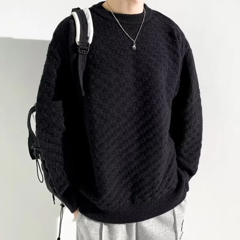 High-End Plaid Jacquard Sweater Mens SpringAutumn Trendy Loose Knitwear