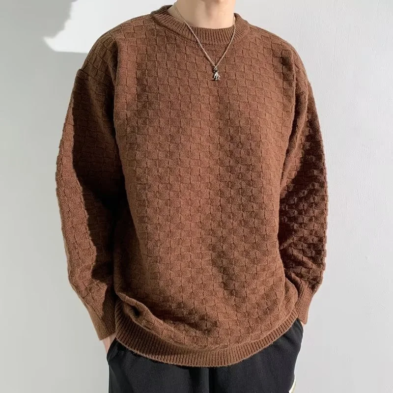 High-End Plaid Jacquard Sweater Mens SpringAutumn Trendy Loose Knitwear
