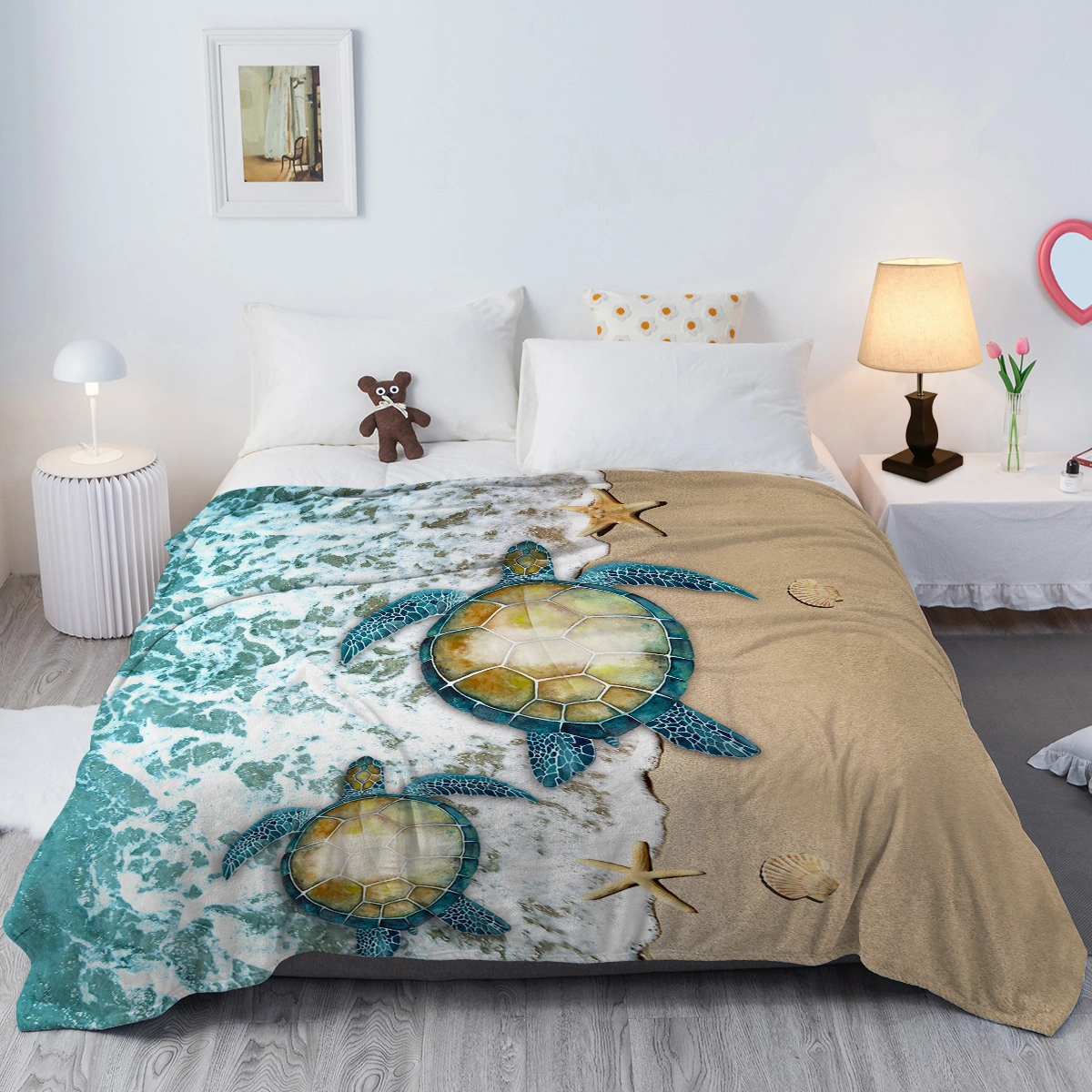 Sea Turtle Flannel Throw Blanket For Teens Boys Men Beach Turtle Starfish Pattern Blanket Soft Turtle Throw Blanket For Couch Bed And Sofa