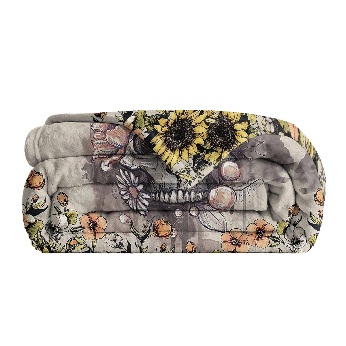 Skull Flannel Throw Blanket Sunflower Skull Pattern Blanket Soft Beige Throw Blanket For Couch Bed And Sofa