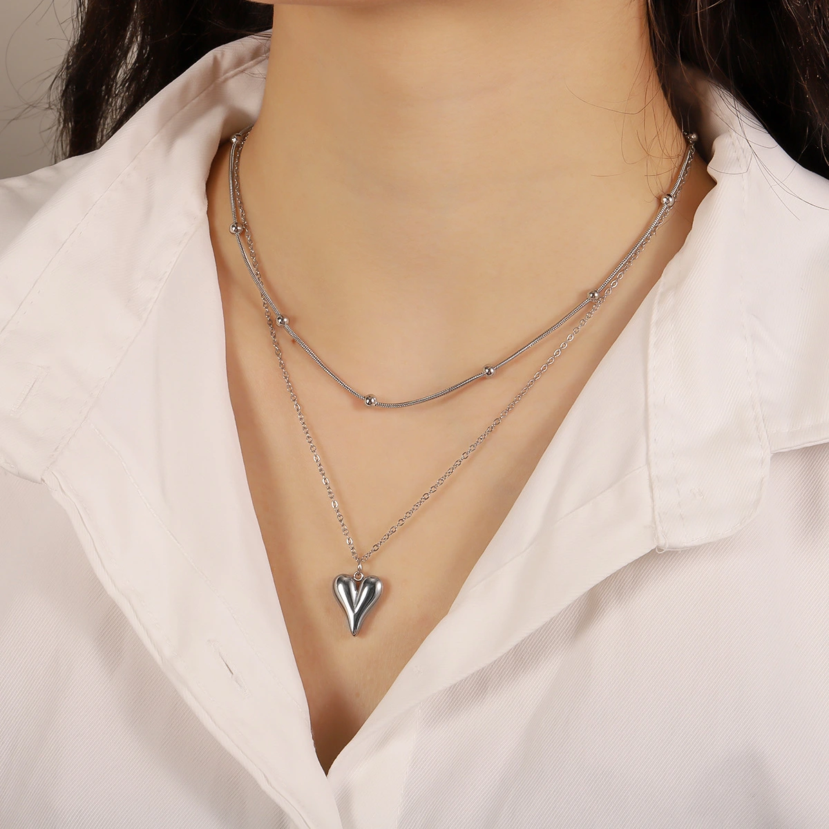 Stainless Steel Hot Sale Heart Pendant Double Layer Necklace, Niche Design, Stylish Minimalist Jewelry