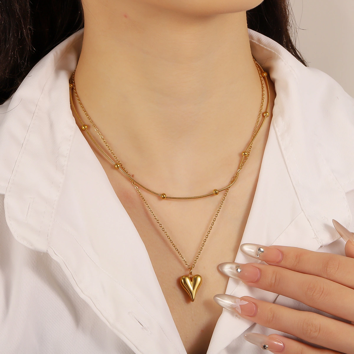 Stainless Steel Hot Sale Heart Pendant Double Layer Necklace, Niche Design, Stylish Minimalist Jewelry