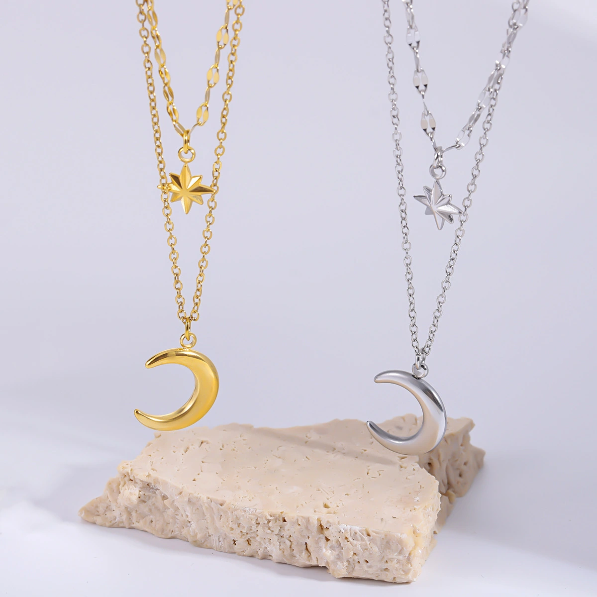 Stainless Steel Octagram Star & Moon Pendant Double Layer Necklace For Women, Light Luxury Niche Design, Stackable Clavicle Chain Jewelry